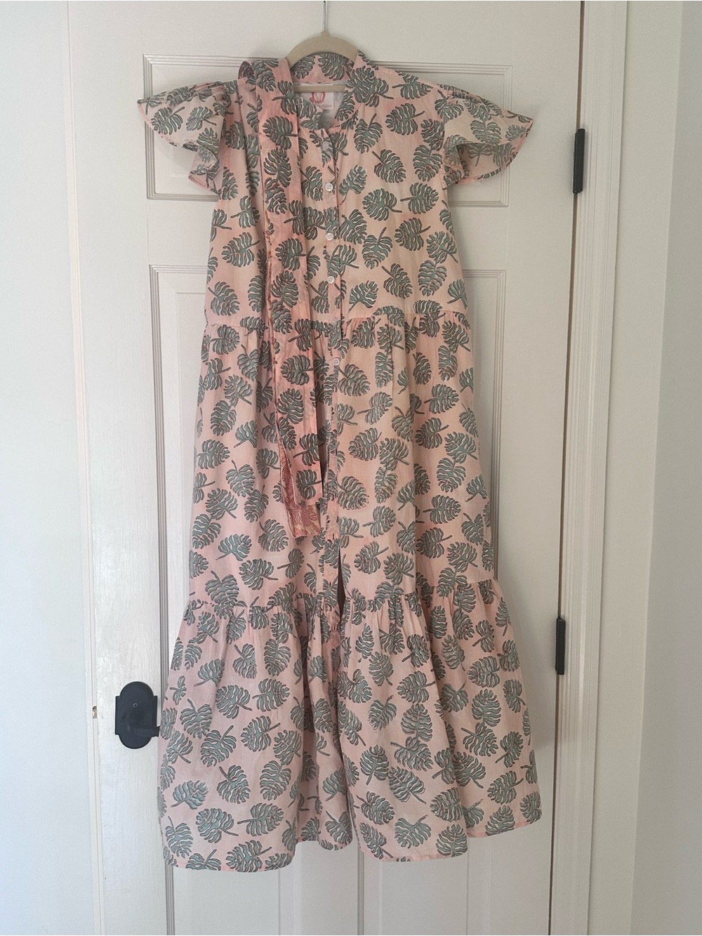 Pink Leaf Print Tiered Maxi Dress